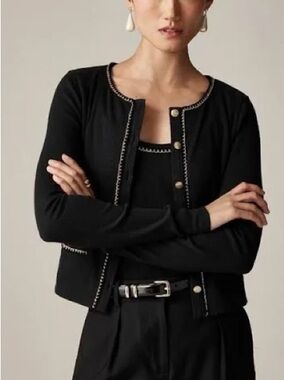 J Crew Black Knit Button Cardigan With Gold Chain Embellishment NWOT